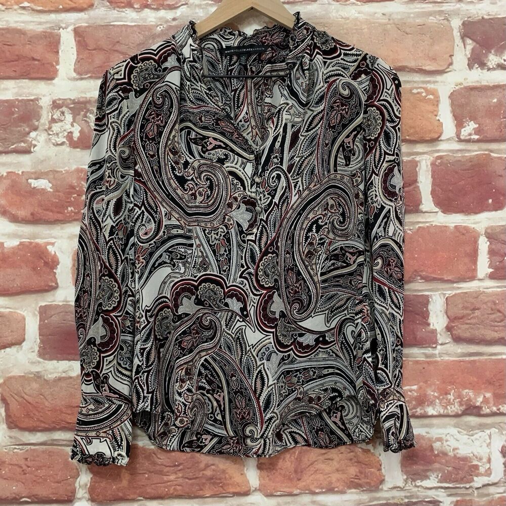 White House Black Market Top Women's Size 4 Multicolor Silk Boho Paisley Shirt